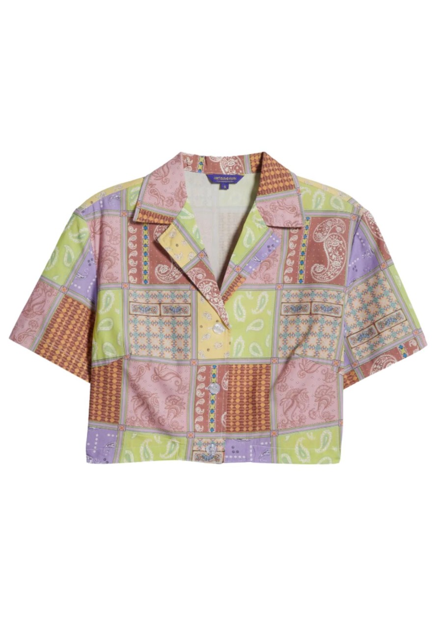 Women Coney Island Picnic | Y2K Print Crop Camp Shirt Patchwork