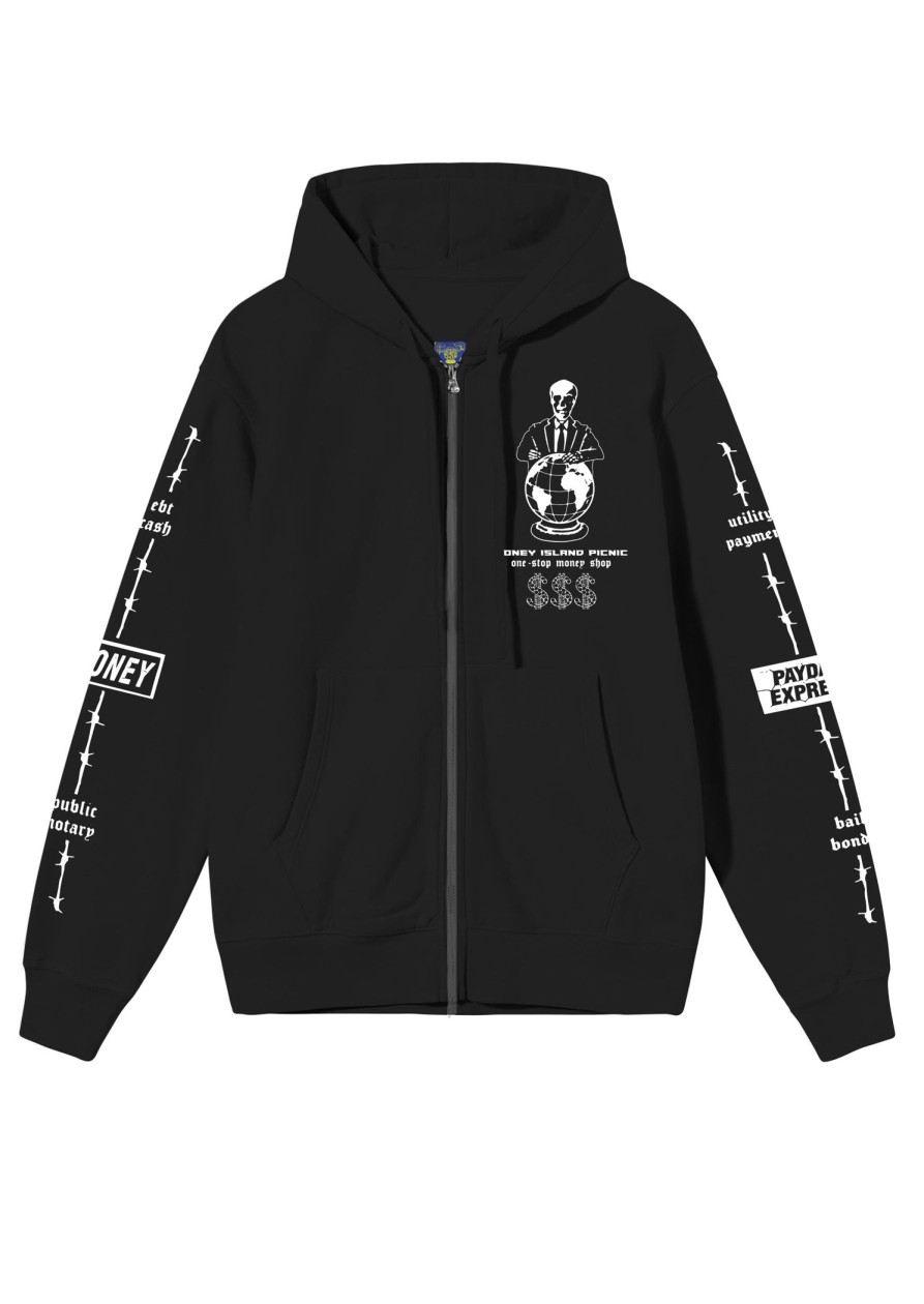 Men Coney Island Picnic | Check Cashing Graphic Zip Up Hoodie Black