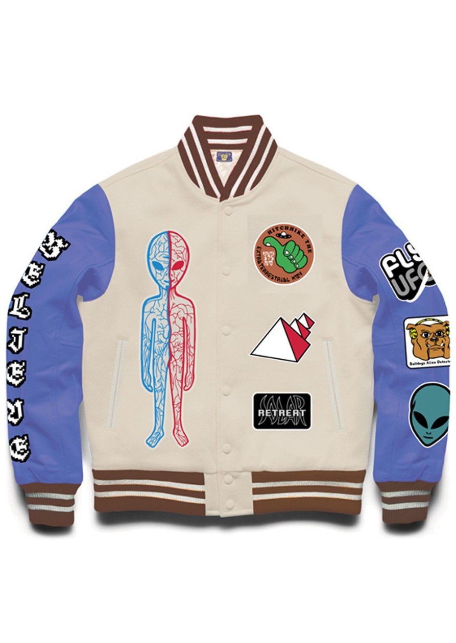 Men Coney Island Picnic | Believe Varsity Jacket - Graphic Letterman Almond