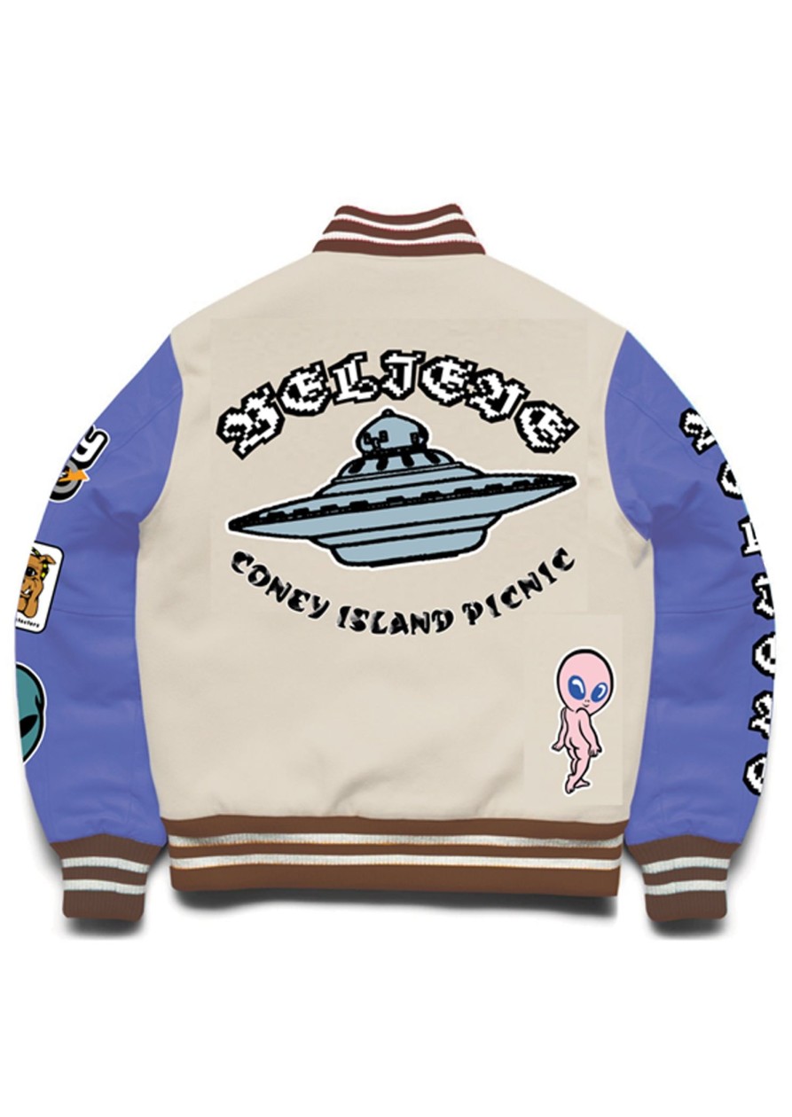 Men Coney Island Picnic | Believe Varsity Jacket - Graphic Letterman Almond