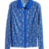 Women Coney Island Picnic | Ali New Dimension Plisse Pleat Button-Up Shirt Blue Printed Wave Warp