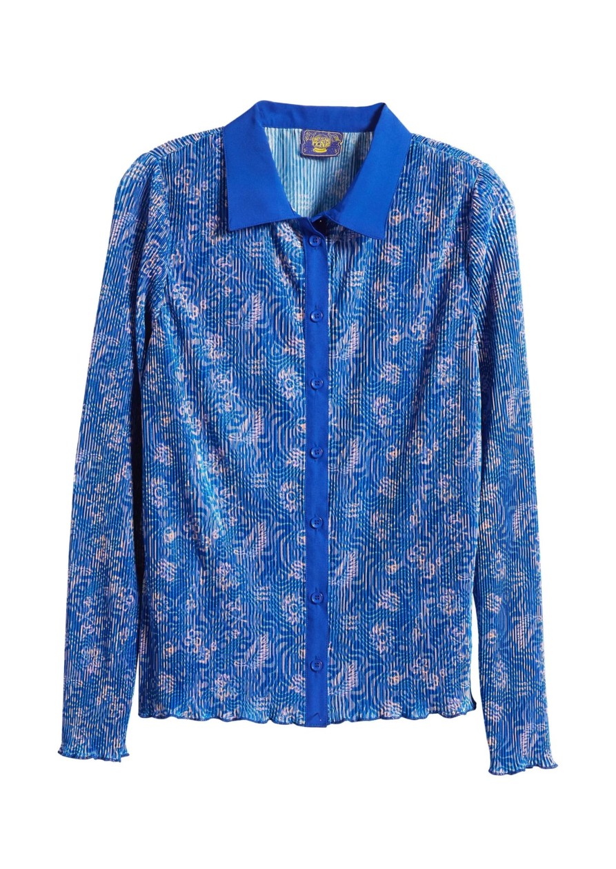 Women Coney Island Picnic | Ali New Dimension Plisse Pleat Button-Up Shirt Blue Printed Wave Warp